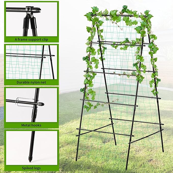 Garden Trellis for Climbing Plants, 71" H x 32" W Metal A-Frame Cucumber Trellis Outdoor Fruits Watermelon Plants Vegetable Tomato Squash Peas Beans, with Netting, Black