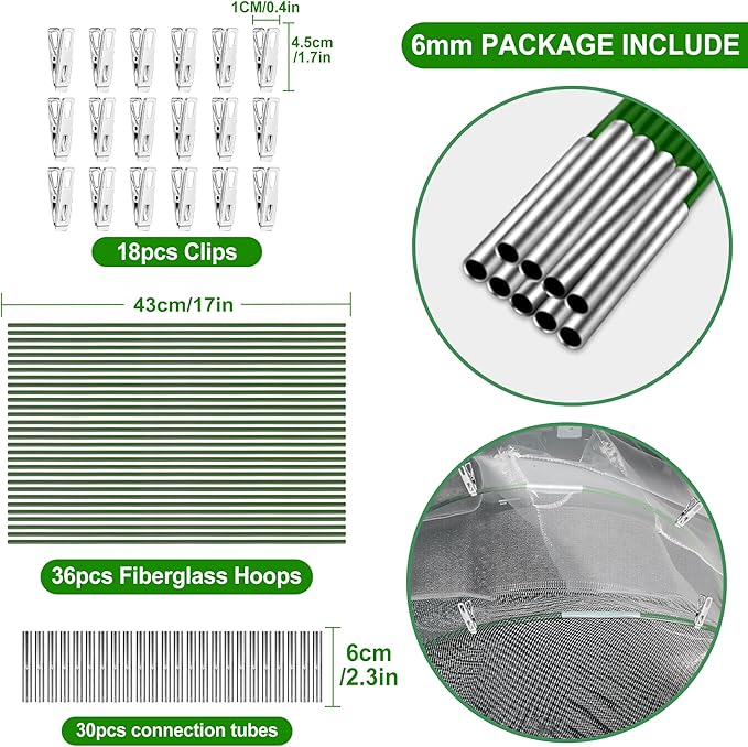 FOTMISHU Garden Hoops for Raised Beds Row Cover,6 Sets 8.4ft Grow Tunnel,Rust-Free Fiberglass Greenhouse Support Hoops Frame for Garden Mesh Netting, Outdoors Plant Growth -36PCS
