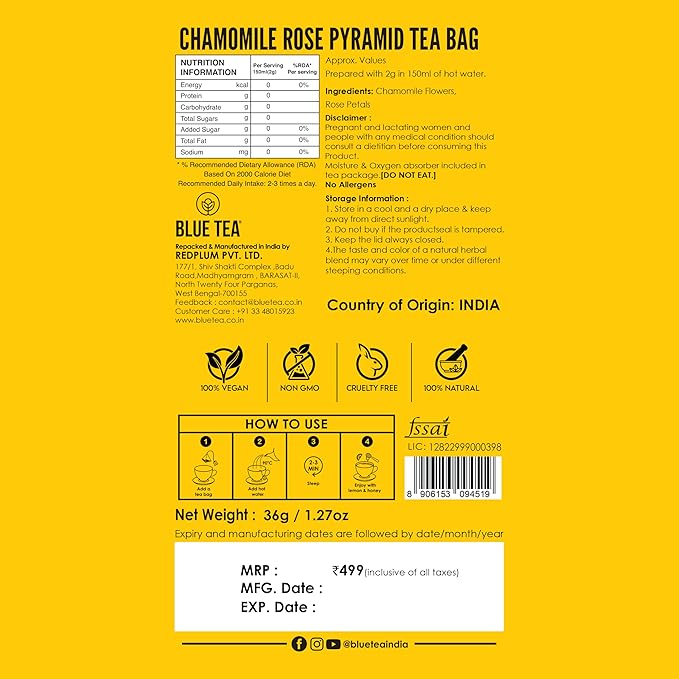 BLUE TEA - Chamomile Tea - Rose - 18 Count - Pyramid Plant Based Tea Bag | SKIN HEALTH | Detox Tea - Herbal Tea - Flower Based - Caffeine-free - Non-GMO - Vegan | Tin Pack