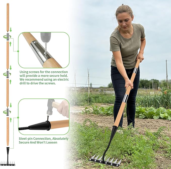 Iron Weed Rake with Wooden Long Handle 2.0, 8 Teeth Weed Puller Tool Heavy Duty, Manual Gardenia Weeding Rake Tool for Yard, Lawn and Garden, 71Inch