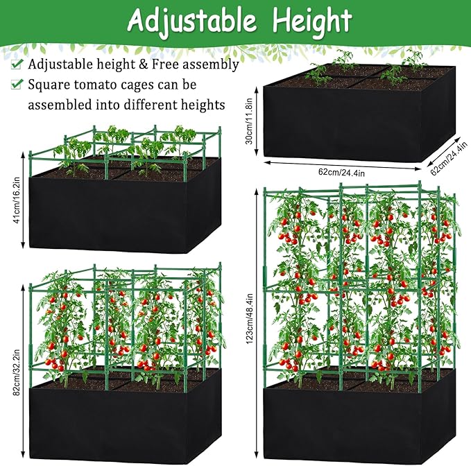 Tomato Cages, Square Tomato Plant Stakes Support Cages Trellis for Garden Climbing Cucumber, Vegetables, Flowers, Fruits with 30 Gallon Grow Bags