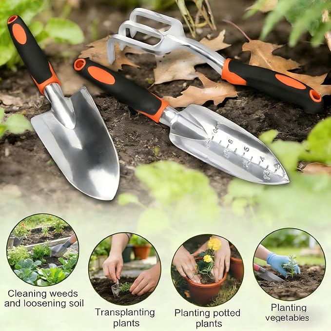 Garden Tools Set, 3-Piece Heavy Duty Gardening Hand Tools, Rust-Proof Cast Aluminum Construction with Soft Non-Slip Rubber Grips, Ideal for Digging, Planting, Weeding & Transplanting (Orange)