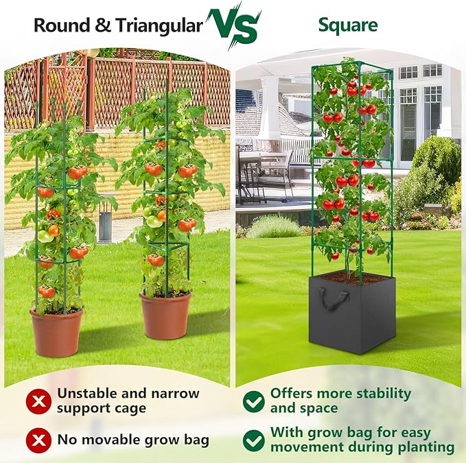 2 Pack Tomato Cages for Garden,49-Inch Square Trellis Frame with 7 Gallon Grow Bags, Plant Clips, Tomato Plant Support Kit for Garden Raised Bed Cucumber Vegetable Climbing Outdoor Indoor
