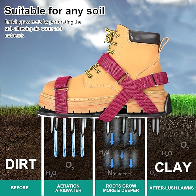 DenForste Lawn Aerator Shoes for Grass - Pre-Assembled Grass Aerator Shoes for Lawn - Soil Yard Aerator Tool for Aerating Patio Garden, Red