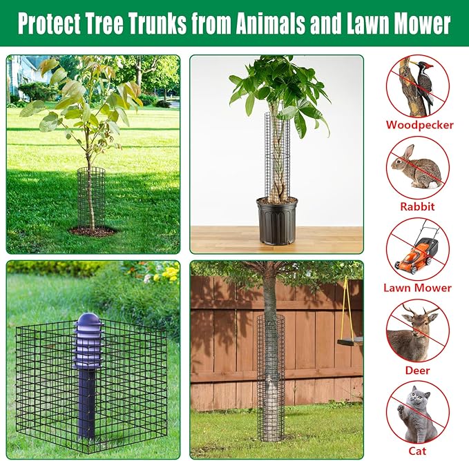 UQM Tree Trunk Protector, 24 Pcs Metal Tree Guards Trunk Protector with Glove & Metal Stakes & Zip Ties, 12 Pack Mesh Tree Bark Protector, Plant Protectors from Deer Animals Mowers Trimmers