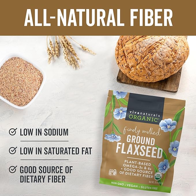 Viva Naturals Organic Ground Flaxseed, 30 oz (850 g) – Plant-Based Protein, Vegan Omega-3 & Fiber, Finely Milled Flax Seeds, Perfect for Smoothies & Baking