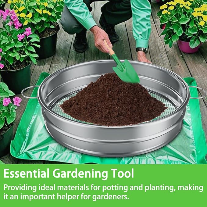 19“ Large Soil Sifter with Handle for Gardening, Dirt Sifter, Compost Sifter, Rock Sand Sifter, Wheelbarrow Sifter, Garden Soil Sieve, Metal Gravel Pellet Worm Sifter, Heavy Duty Bin Outdoor