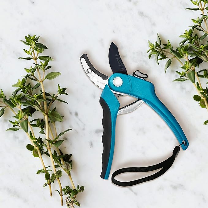 Nevlers 8" Blue Anvil Pruning Shears Heavy Duty | Hand Pruners for Gardening w/Steel Blades, Safety Lock & Ergonomic Handles | 8mm Cut Cap Plant Shears & Branch Cutter for Dead Stems & Small Branches