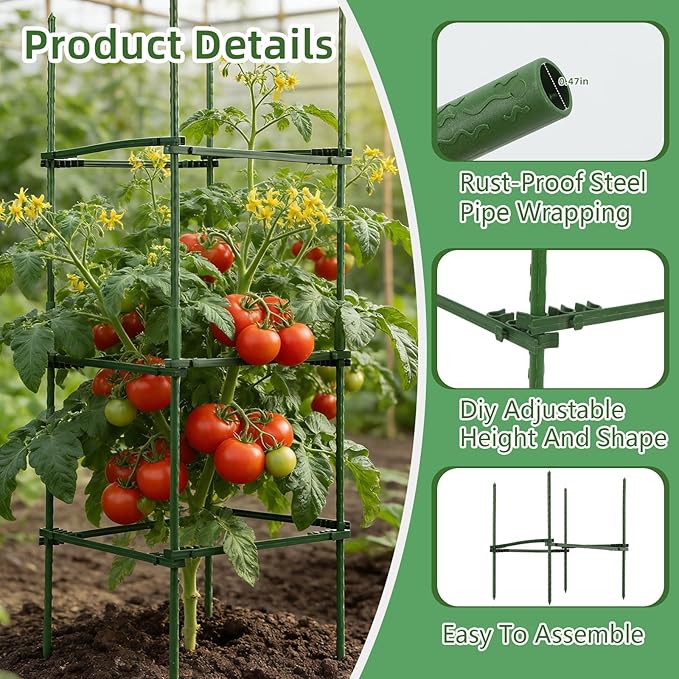 NOVWANG Square Tomato Cages, 10.6 inches x 48 inches Square Plant Support Stakes Tomato Trellis for Tomato Pepper Vegetable Support Plant Support for Garden Patio Farm