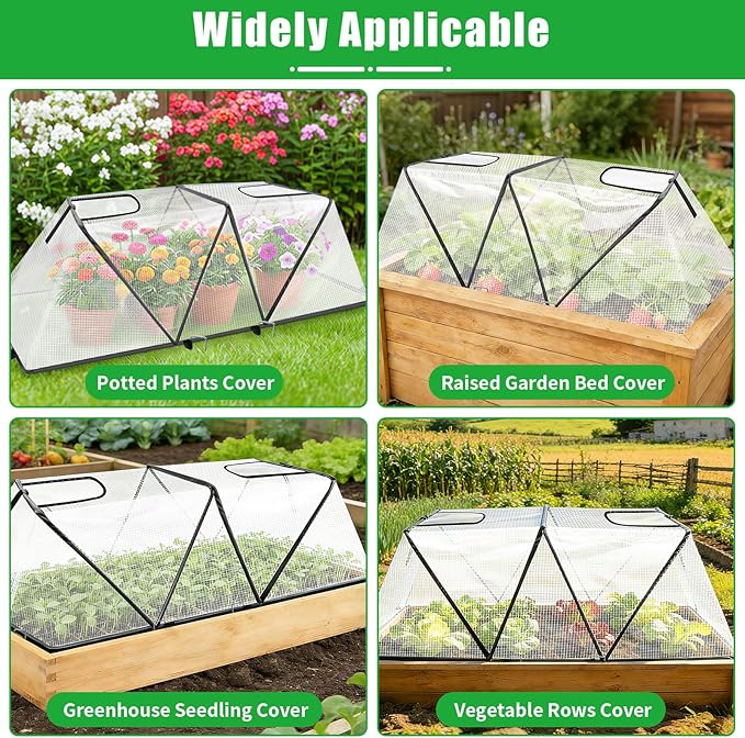 2Pack Foldable Garden Plants Covers with Two Dual Layer Skylights, 47.2" X 14.2" X 13" Raised Bed Greenhouse Cover, Garden Frost Protection for Vegetable Flower Fruits from Animals, Include 16 Stakes