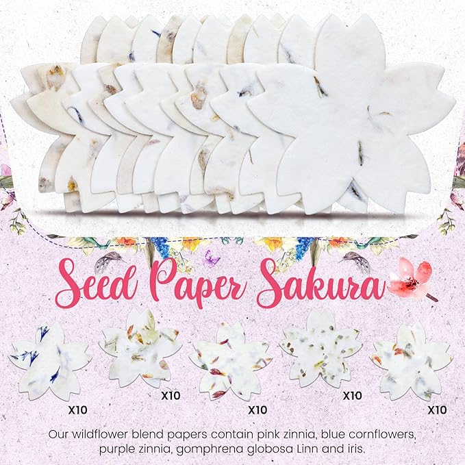 50 Pcs Handmade Seed Paper Plantable Wildflower Seed Paper Recycled Flower Petals Tags Wedding Favors for Guests Craft Gifts Cards for Envelope Birthday Party, 5 Styles (Flower Shape)