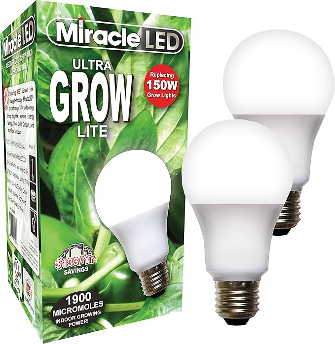 Miracle LED Commercial Hydroponic Ultra Grow Lite - Replaces up to 150W - Daylight White Full Spectrum LED Indoor Plant Growing Light Bulb For DIY Horticulture & Indoor Gardening (604273) 2 Pack