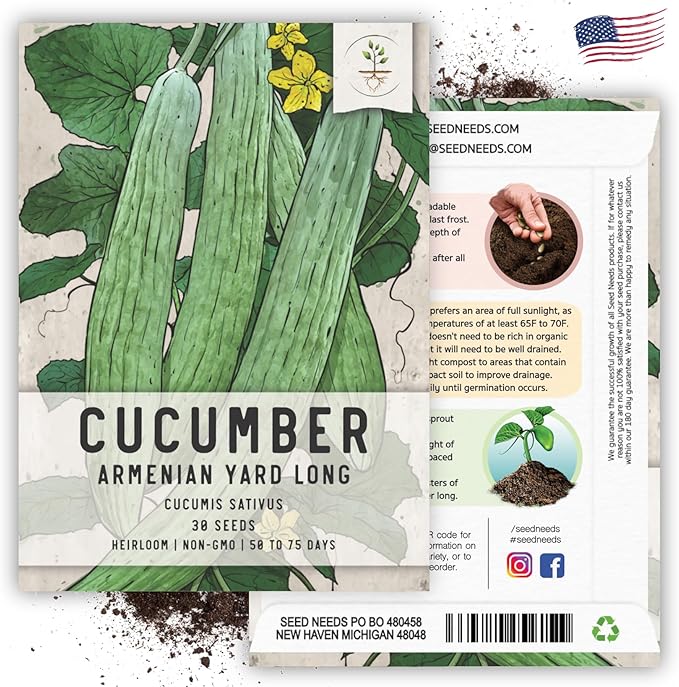 Seed Needs Cucumber Seeds for Planting Armenian Yard Long Cucumbers - Heirloom Non-GMO & Untreated - Snake Melon/Serpent Cucumber to Plant a Home Grown Outdoor Vegetable Garden (1 Pack)