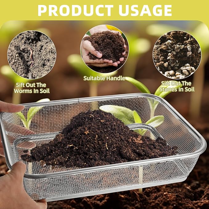 2PCS Soil Sifter for Gardening, Large Stainless Steel Rock Sifter, Square Garden Compost Sieve, Dirt Sand Sifter, Captures Dirt Rocks Sawdust for Garden Use (0.12'' 0.24'' Aperture)