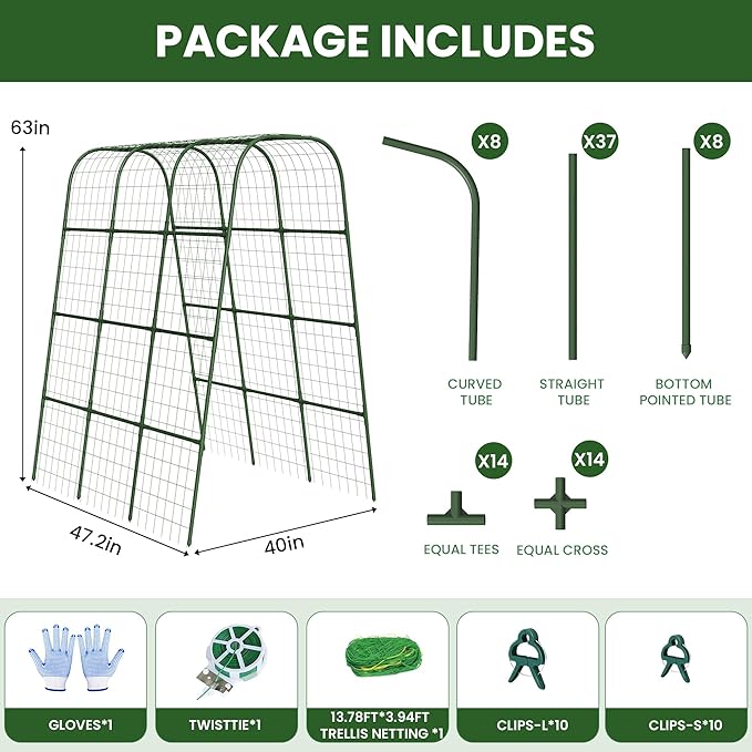 Nexum Cucumber Trellis for Raised Bed, 63"x47.2" U-Shape Garden Trellis for Climbing Plants Outdoor with Climbing Net, Metal Arch Plant Support for Cucumbers Tomatoes Peas Beans