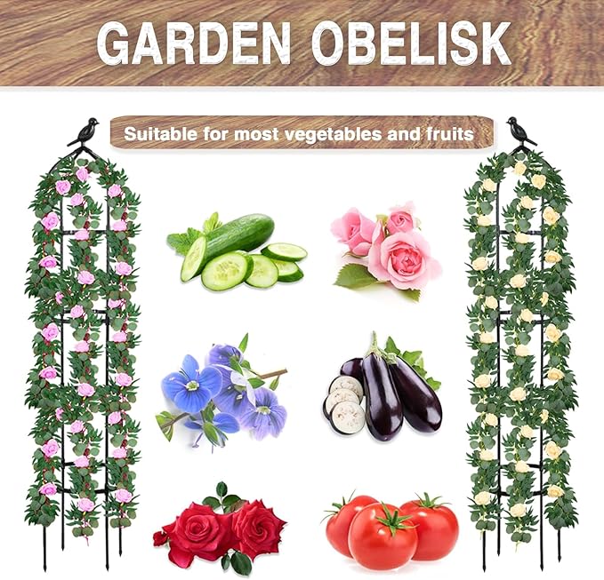 1 Pack Garden Obelisk Trellis for Climbing Plants Outdoor, 6FT Adjustable Metal Plant Support with 3 Decorative Tops, Black Rustproof Trellis for Roses, Tomatoes, Clematis & Vines