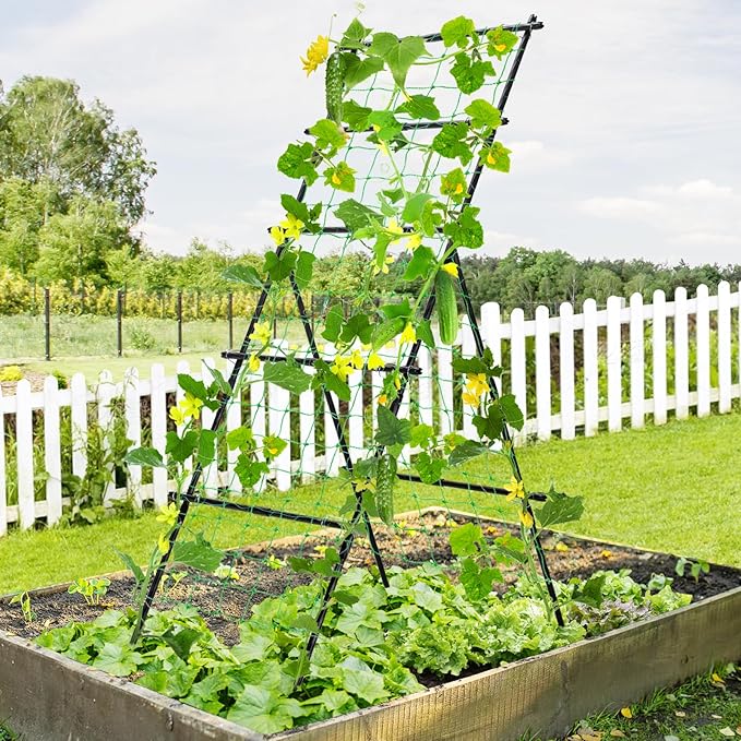 Cucumber Trellis A Frame Garden Trellis, Vertical Plant Support with Netting for Raised Bed Backyard Gardening, PE Coated Steel Climbing Trellis for Cucumbers Tomatoes Beans