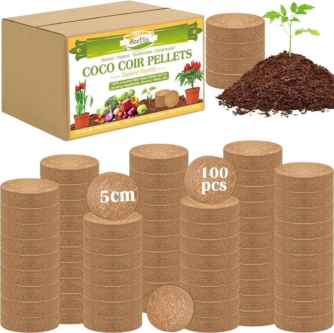 ZeeDix 100pcs 50mm Coco Coir Pellets Potting Soil, Organic Coconut Fiber Seed Starter Soil Pellets, Coconut Coir Soil Discs for Indoor Outdoor Plants, Herbs Houseplants Flowers Succulents Vegetables