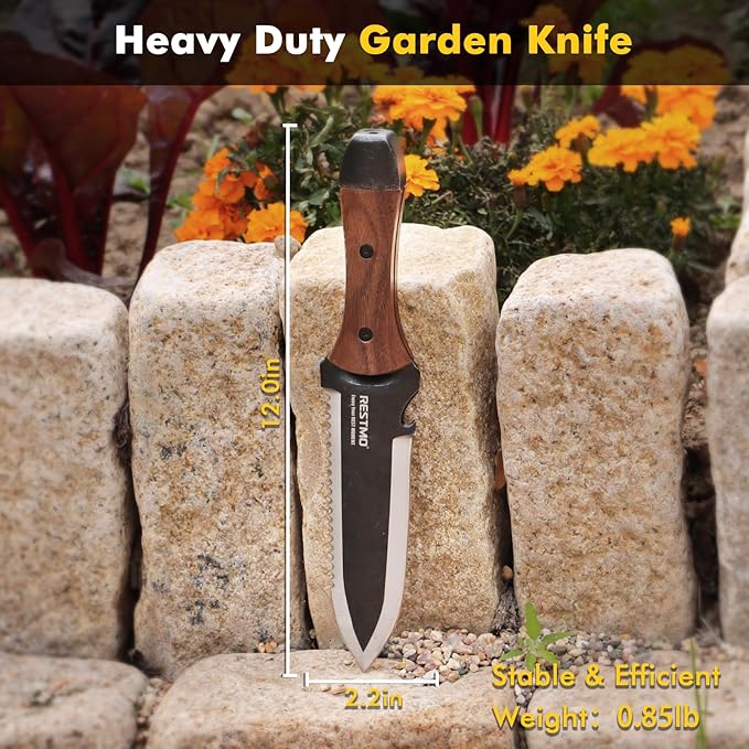 Restmo Hori Hori Garden Knife with Sheath, Durable Weeding & Planting Tool with Dual-Edge High-Strength Stainless Steel Blade, Depth Gauge, Ergonomic Walnut Handle for Gardening