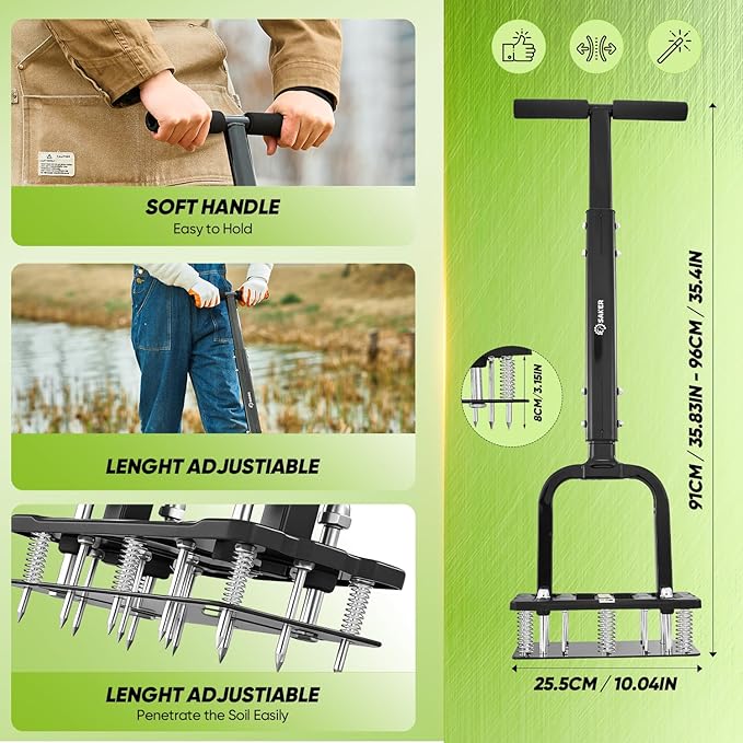 Saker Lawn Aerator Tool, 2026 Upgraded Manual Lawn Aerator with 15-Spike Heavy-Duty Yard Aeration Tool with Spring-Loaded Design, for Loosening Soil Aerating Patio, Yard, Garden Dark Black