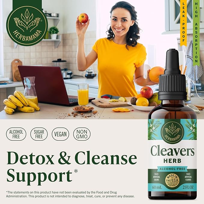 HERBAMAMA Cleavers Herb Tincture - Vegan Natural Detox & Cleanse Support with Cleavers Leaf Extract Drops - Non-GMO, Alcohol & Sugar-Free Liquid Herbal Supplement, 42-Day Supply