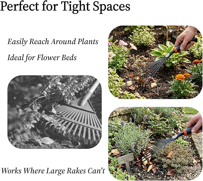 Garden Hand Rake, 2 Pack Leaf Rake with Durable Steel Tines, Small Shrub Rake with Ergonomic Non-Slip Handle for Lawn, Leaves, Soil, Flower Beds & Yard Cleanup