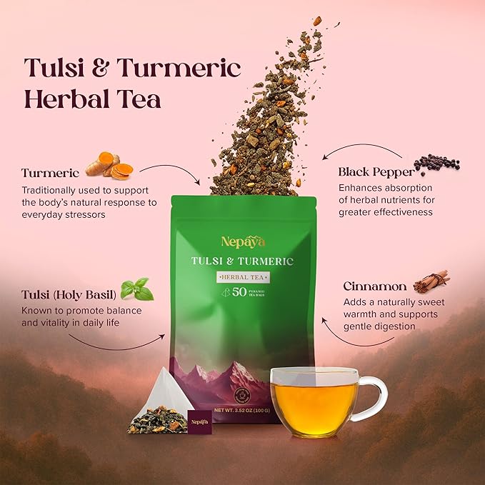 Nepaya Tulsi & Turmeric Herbal Tea – 50 Pyramid Tea Bags, Holy Basil with Cinnamon & Black Pepper, Biodegradable, Caffeine-Free, Himalayan Blend
