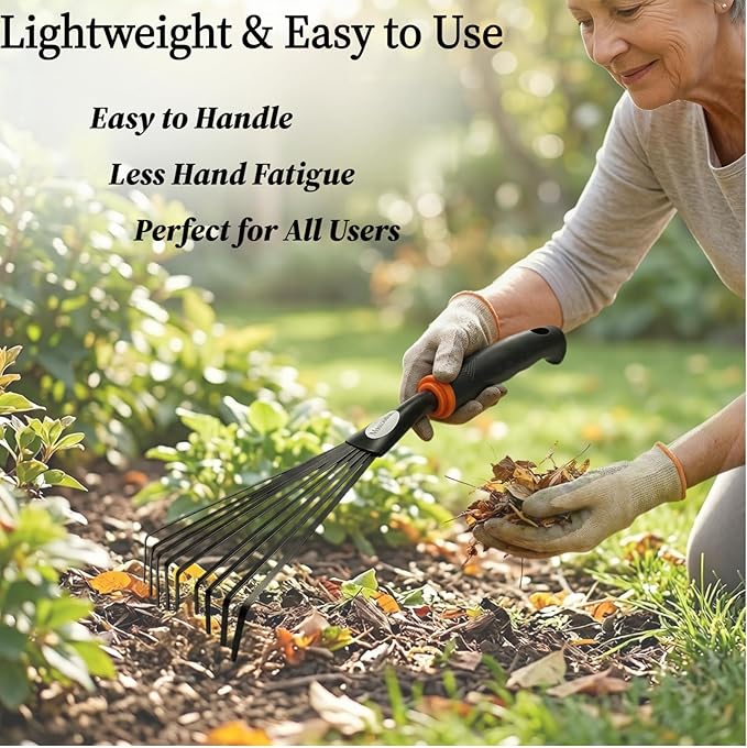 Garden Hand Rake, 2 Pack Leaf Rake with Durable Steel Tines, Small Shrub Rake with Ergonomic Non-Slip Handle for Lawn, Leaves, Soil, Flower Beds & Yard Cleanup