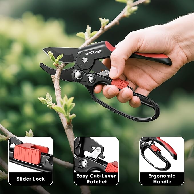 FLORA GUARD Ratchet Pruning Shears Heavy Duty – 3x Cutting Power Ratcheting Garden Pruners, Garden Clippers for Tree Branch & Gardening with Ergonomic Grip