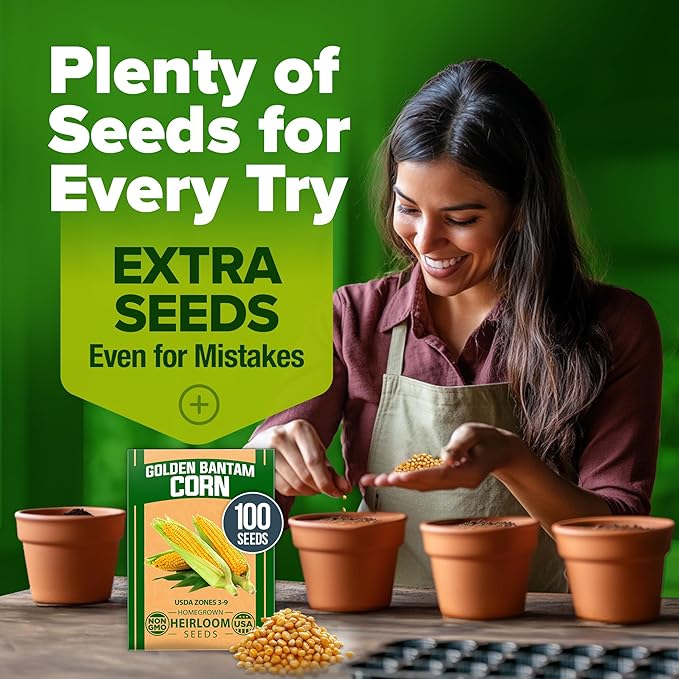 HOME GROWN Non GMO Golden Bantam Corn 1 Pack 100 Heirloom Vegetable Seeds Grow Sweet Corn Outdoors Easy for Beginners & Great for Home Gardeners High Germination (Zea mays)
