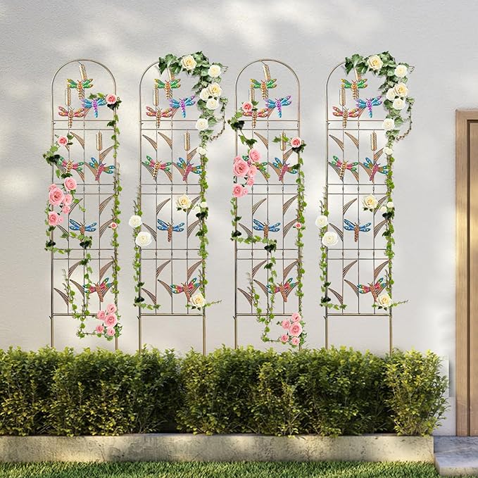 aboxoo Set of 4 Packs Dragonfly Metal Garden Trellis for Climbing Plants,Outdoor Decorative Flowers Arch Fence Trellis for Outdoor Patio,Garden,Lawn,Yard,Backyard,Wall Brackets,60'' H x 11'' W