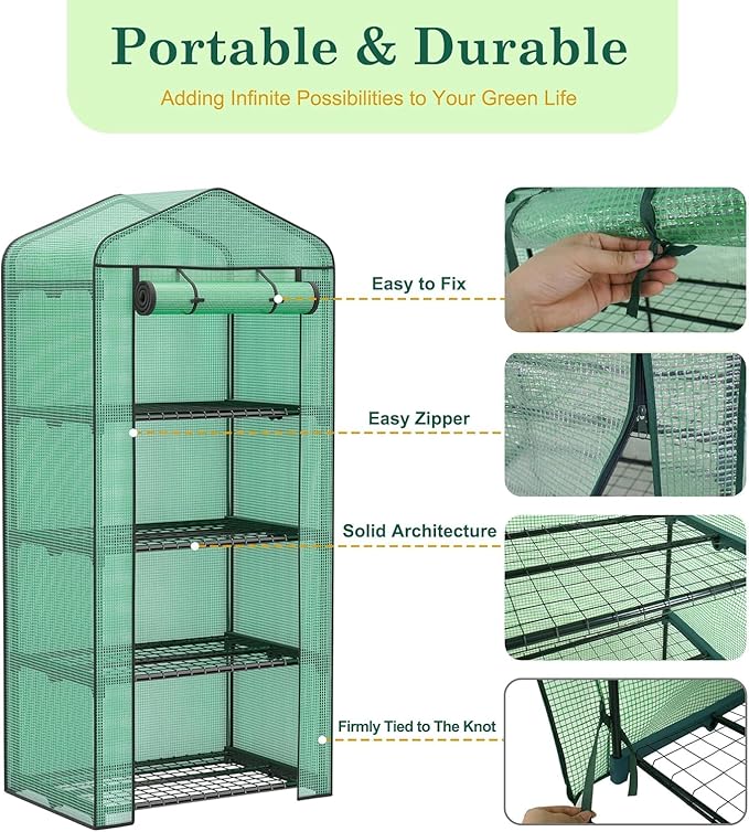LEMY 4 Tier Mini Greenhouse Indoor Outdoor with PE Cover and Roll-Up Zipper Door,Portable Plant Green House for Seeds and Seedlings,Waterproof Shelved Tent for Patio,Garden,Balcony