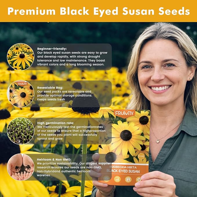 5000+ Black Eyed Susan Seeds for Planting, Perennial Wildflower Seeds for Pollinator Gardens, Non-GMO Heirloom Flower Seeds to Plant Outside & Inside, Borders, Containers, Rudbeckia hirta