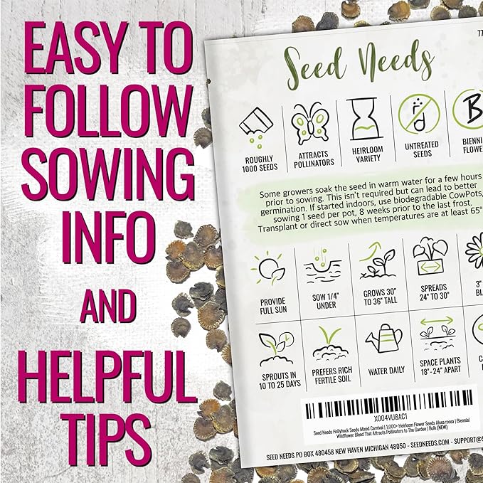 Seed Needs Hollyhock Seeds Mixed Carnival | 1,000+ Heirloom Flower Seeds Alcea rosea | Biennial Wildflower Blend That Attracts Pollinators to The Garden | Bulk