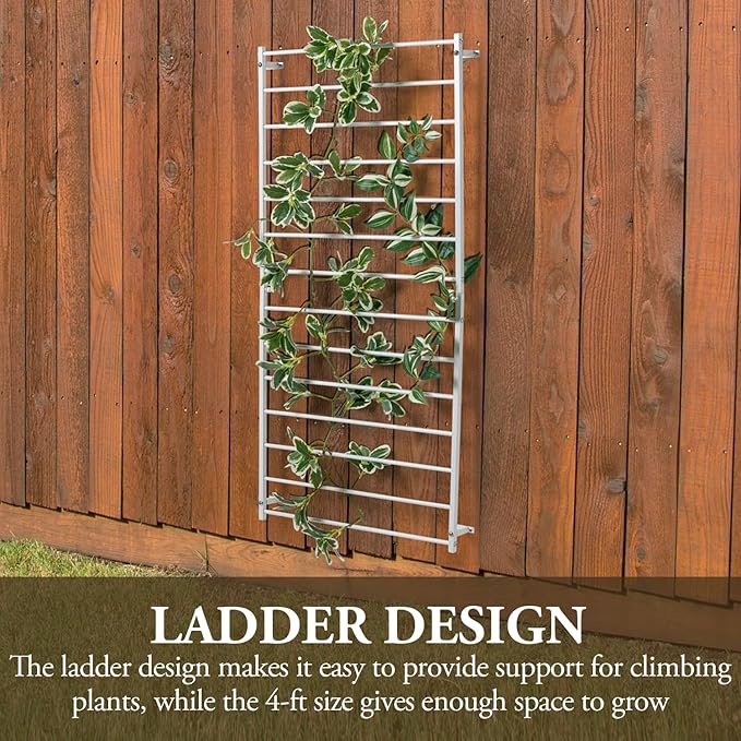 MyGift 4 Foot Tall Modern White Metal Wall Mounted Horizontal Bars Trellis, Outdoor Hanging Support Frame for Climbing Garden Plants and Crawling Vines