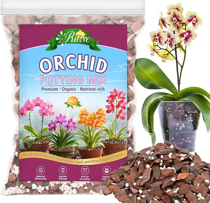 Riare 4QT Orchid Potting Mix, Natural Orchid Bark Potting Mix Soil Medium with Pine Bark and Perlite, Premium Orchid Repotting Kit for Phalaenopsis Dendrobiums, Enhanced Drainage & Root Expansion
