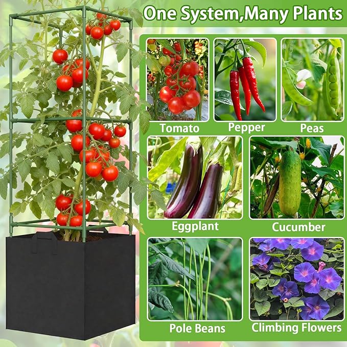 3 Pack Tomato Cages for Garden, 47in Tall Square Tomato Trellis with 15 Gallon Grow Bags, Plant Planter for Garden, Patio & Balcony, Metal Tomato Cage for Tomatoes Cucumbers Peas Climbing Plants