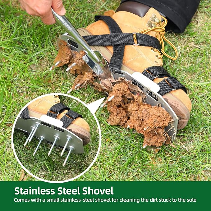 Ohuhu Metal Lawn Aerator Shoes, Upgraded Aluminum Aerating Shoe with 2.2" Durable Spikes, Free-Installation Spiked Sandals with Stainless Steel Shovel for Yard Patio Garden Grass