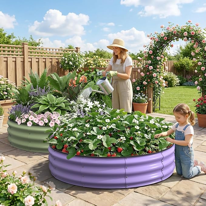 Kesfitt Round Raised Garden Bed, 4x4x1 FT Galvanized Steel Metal Garden Bed, Open-Bottom Design, 12-Inch Deep Outdoor Raised Garden Bed for Vegetables & Herbs, Fruit Green