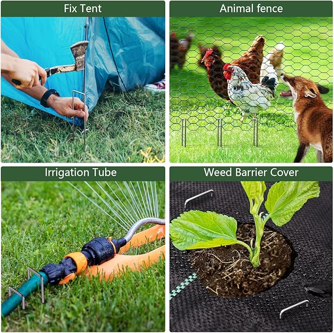 AMAGABELI GARDEN & HOME 300 Pack Galvanized Landscape Staples 10 Inch 11 Gauge Garden Staples Garden Stakes Plant Cover Stakes U-Shaped Landscape Stakes Landscape Pins for Weed Barrier Fabric