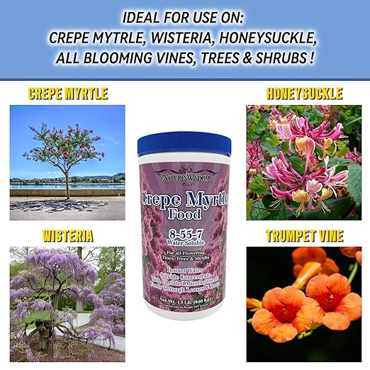 Natures Wisdom Crepe Myrtle Tree 8-55-7 Water Soluble Fertilizer Plant Food, Balanced Nutrient Blend for Flowering Trees, Shrubs and Vines | 1.5 Lb