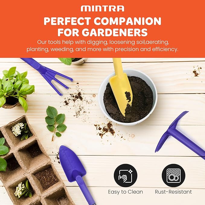 Mintra Garden Tool Set, 4 Piece Heavy Duty Gardening Tools Including Cultivator, Trowel, Shovel & Rake, Durable Poly Material & Non-Slip Handle, Garden Hand Tools Set for Gardening Gift, Lime Green