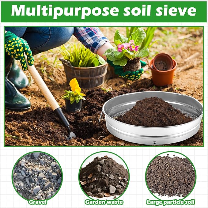 14.57'' Large Soil Sifter for Gardening with 1, 3, 6, 9, 12 mm Sieve Mesh Compost Dirt Sifter with Handle Garden Sand Soil Rock Sieve for Dirt Sand Rocks Pellet Gravel (Sliver)