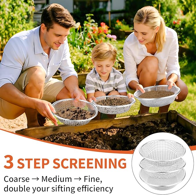 3PCS Soil Sifter for Gardening, Heavy Duty Rock Sieve Fits 5 Gallon Bucket, 3mm 6mm 10mm Galvanized Garden Sifter Compost Dirt Sifter, Sand Gravel Sawdust Pebbles