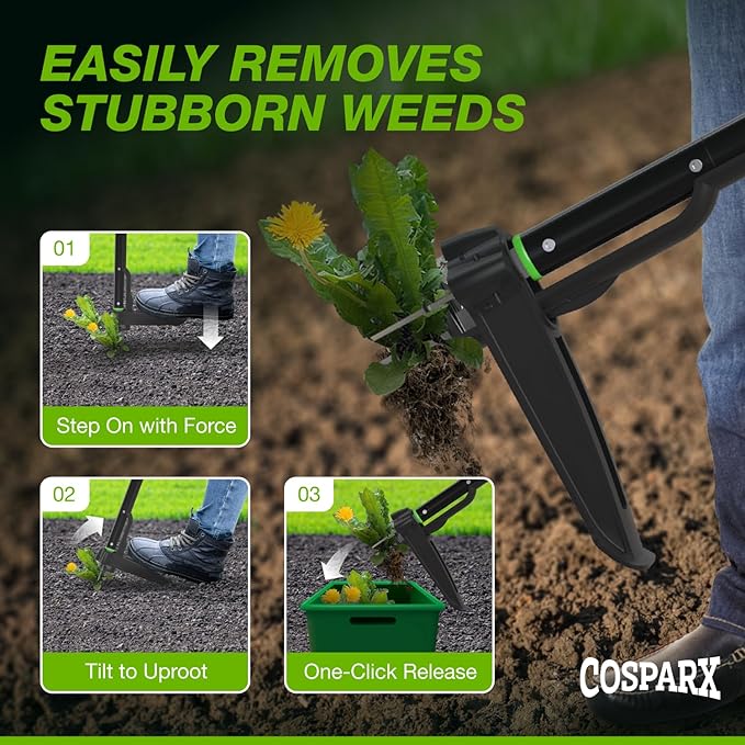 Weed Puller Tool with Long 43” Handle, No Bending, Easy Eject – Removes Weeds Effortlessly, Sturdy Foot Pedal & Lightweight Aluminum - 4-Claw Hand Weeding Tool