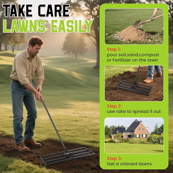 Top Soil Lawn Leveling Rake ,Lawn Sand Flea Rake Leveling 30”x10” Heavy Duty Leveler,Anti Flipping Smooth Edge,16-77" Adjustable, for Sand,Top Soil Dressing,Yard Landscape,Ground Soil, Dirt,Grass