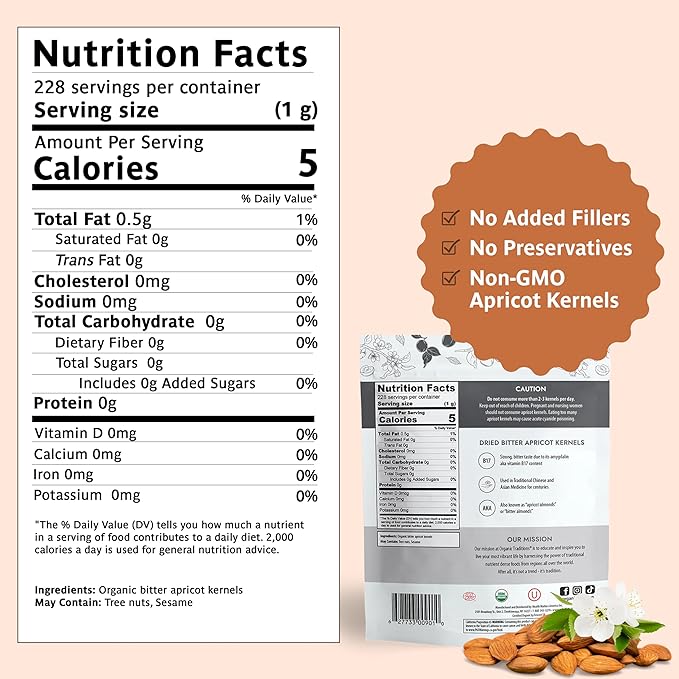 Organic Traditions Apricot Kernels – Sundried - Natural Source of Vitamin B17 - Sweet & Bitter Raw Apricot Seeds - 8oz