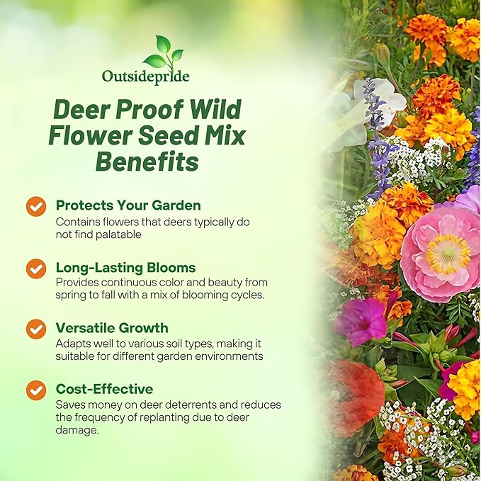 Outsidepride Deer Proof Wildflower Seed Mix - 5 lbs. Colorful Blend of Easy to Grow, Drought-Tolerant Annual & Perennial Wildflower Seeds for a Deer-Free,Vibrant Meadow & Pollinator-Friendly Garden