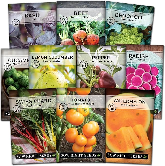 Sow Right Seeds - Rare Exotic Vegetable Seed Collection for Planting - Non-GMO Heirloom Beets, Broccoli, Cucamelon, Cucumber, Pepper, Basil, Radish, Watermelon, Tomato, and Swiss Chard to Plant