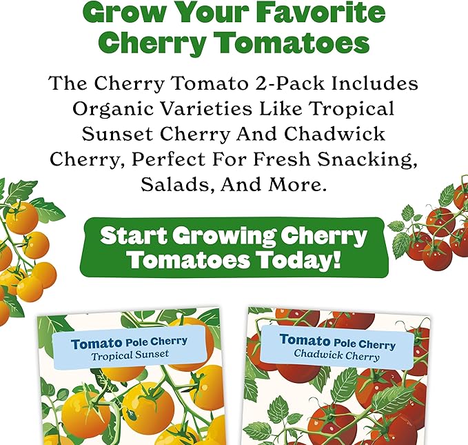 Epic Gardening Cherry Tomato Seed Bundle - 2 Sweet & Juicy Varieties, Includes Tropical Sunset & Chadwick Cherry, Perfect for Salads, Snacking & Sauces, Easy-to-Grow Non-GMO Seeds
